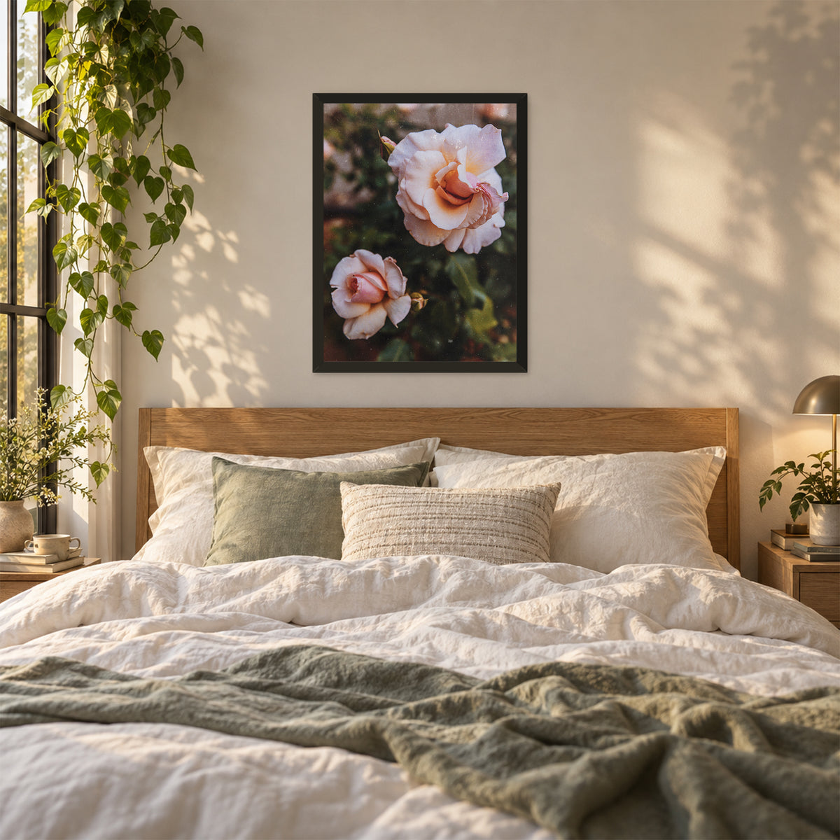 Apricot Candy, 18×24 inch print shown in a styled room mockup. Two pale peach roses blooming among deep green leaves. Frame shown for styling; print sold unframed.