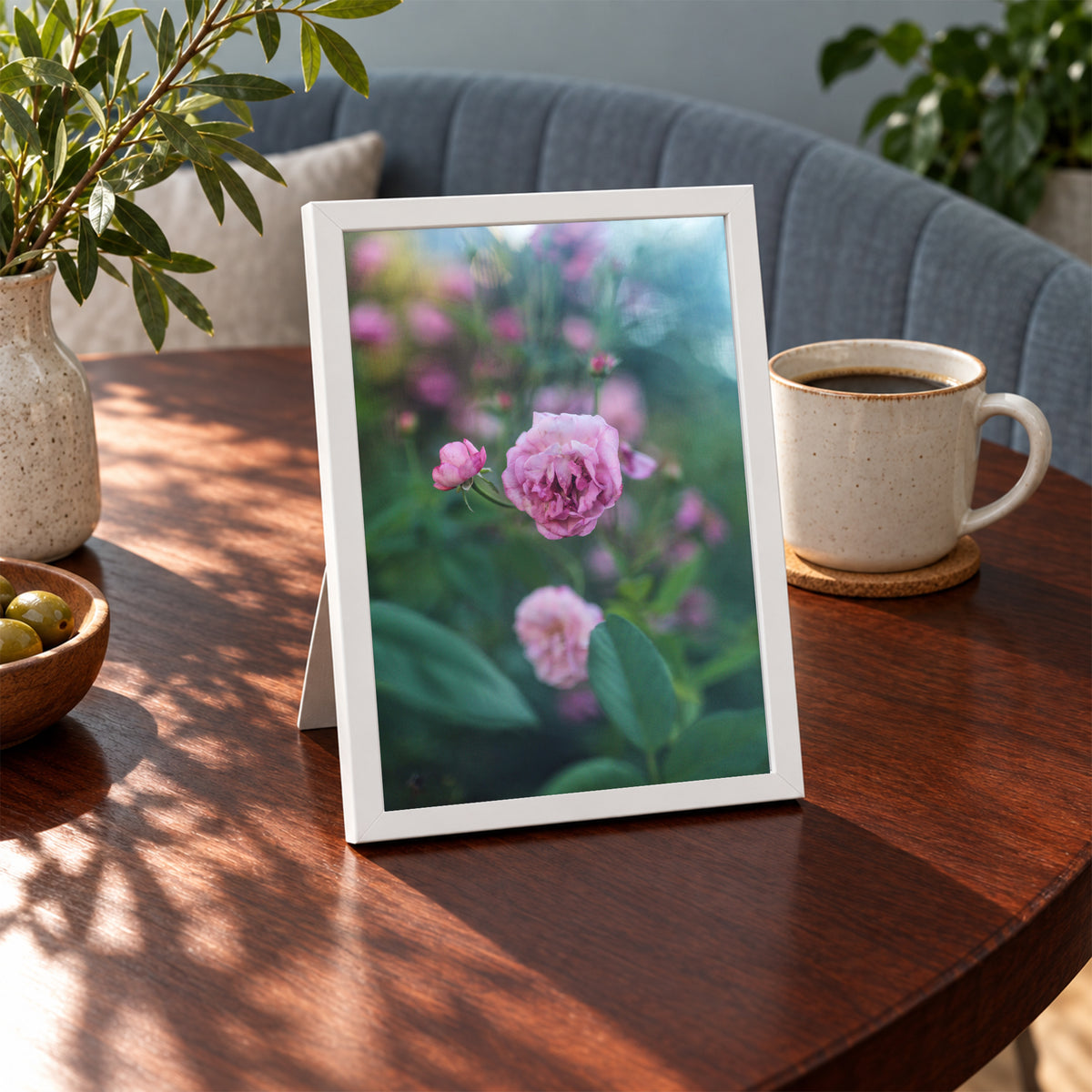 Caldwell Pink I, 5×7 inch print shown in a styled room mockup. Single pink rose rising among dark green leaves with blurred blossoms behind it. Frame shown for styling; print sold unframed.