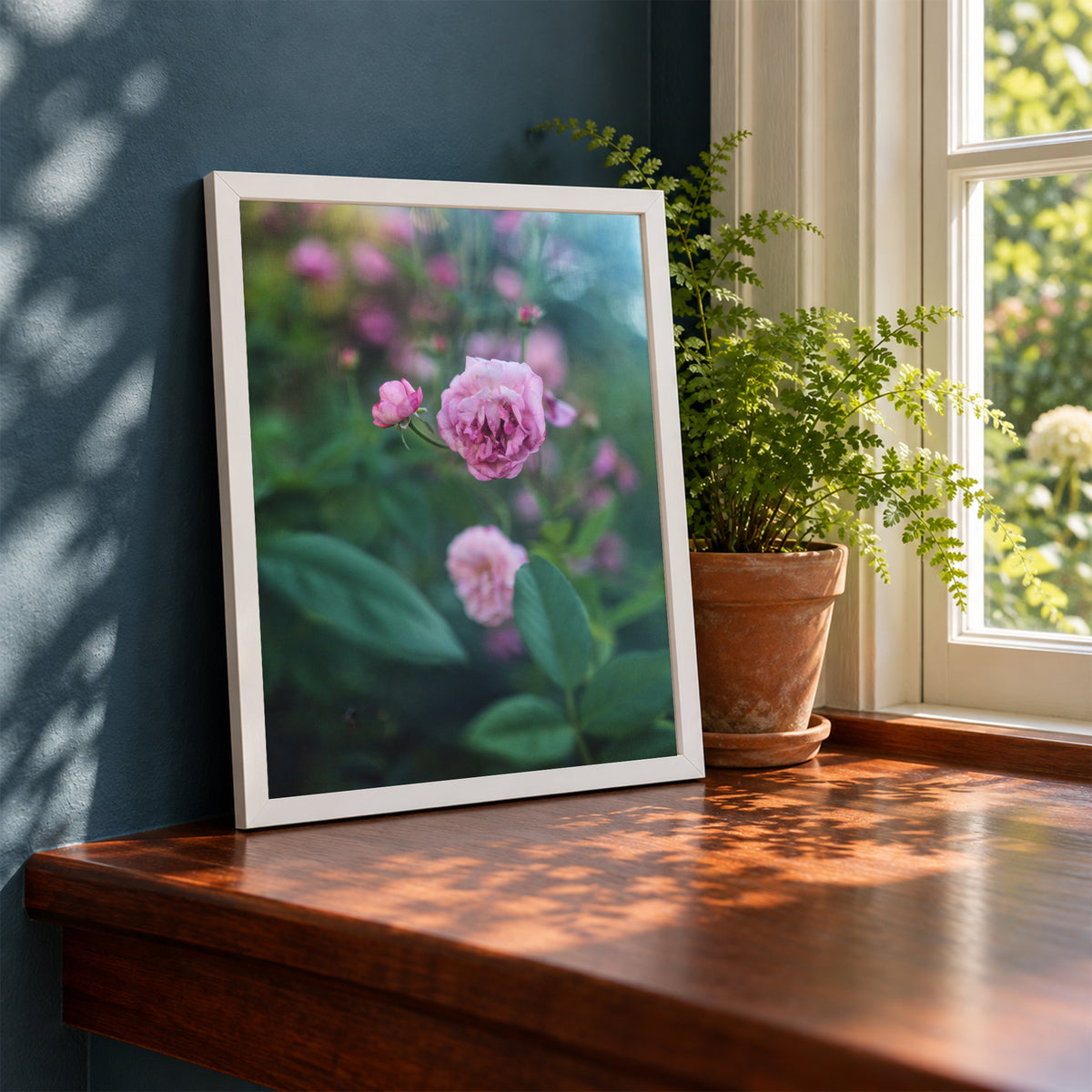 Caldwell Pink I, 8×10 inch print shown in a styled room mockup. Single pink rose rising among dark green leaves with blurred blossoms behind it. Frame shown for styling; print sold unframed.