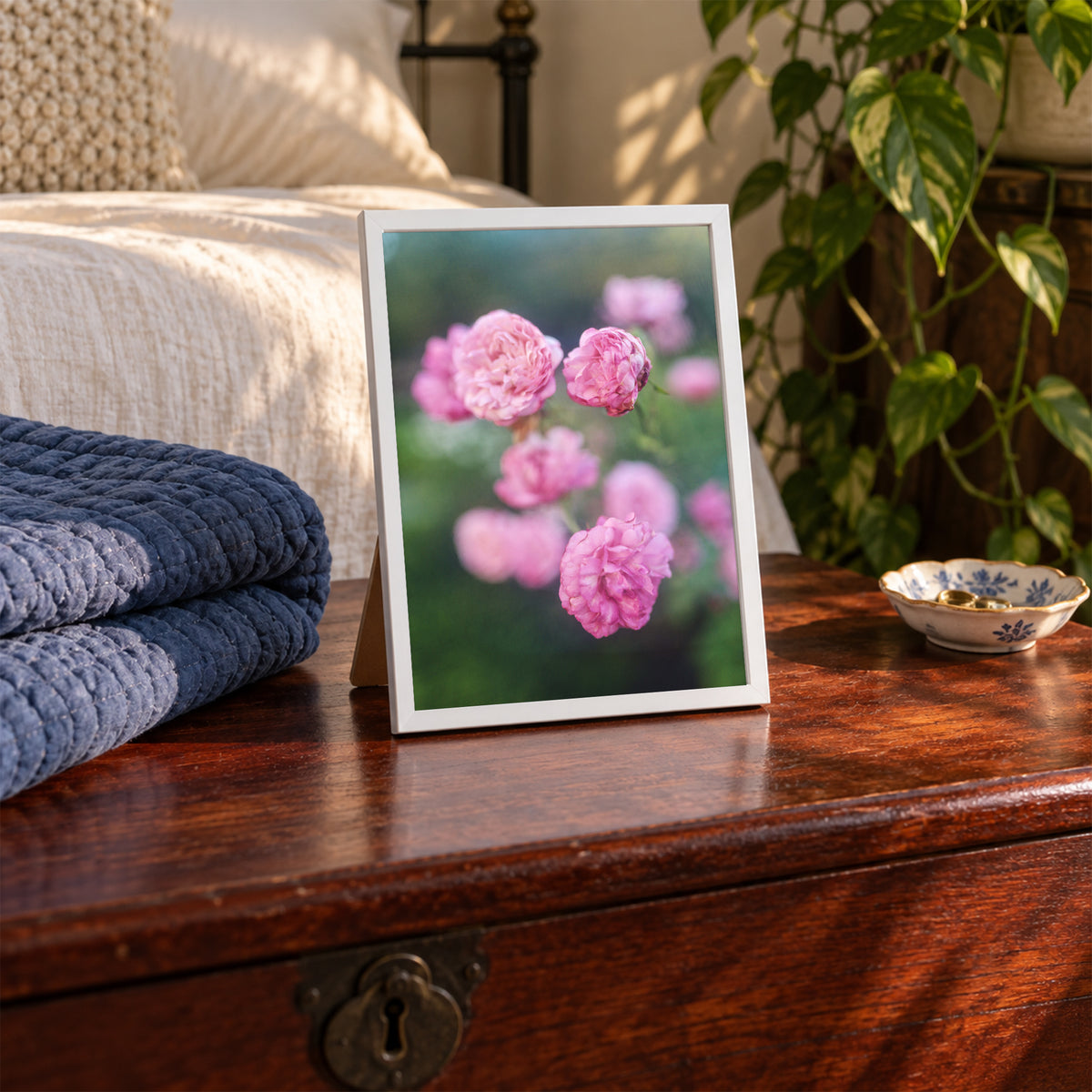 Caldwell Pink II, 5×7 inch print shown in a styled room mockup. Cluster of soft pink roses floating against a blurred green garden. Frame shown for styling; print sold unframed.