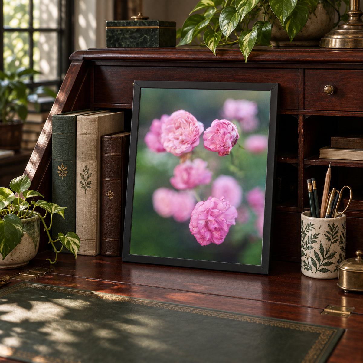 Caldwell Pink II, 8×10 inch print shown in a styled room mockup. Cluster of soft pink roses floating against a blurred green garden. Frame shown for styling; print sold unframed.