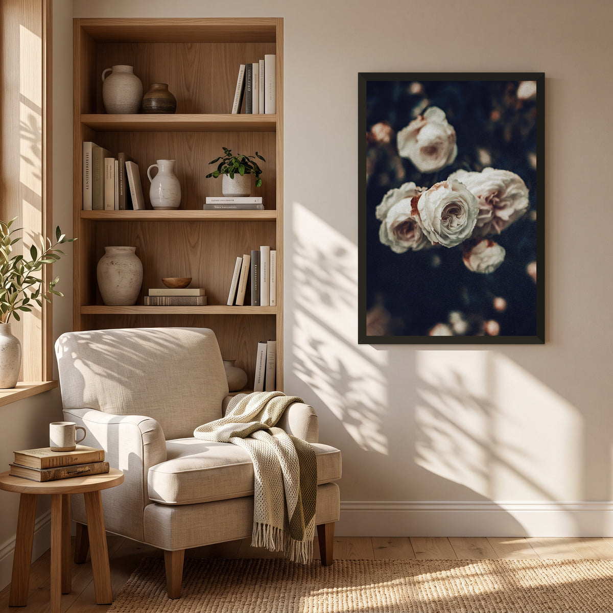 Cold Desdemona, 24×36 inch print shown in a styled room mockup. Cluster of ivory roses against a dark, softly blurred garden. Frame shown for styling; print sold unframed.