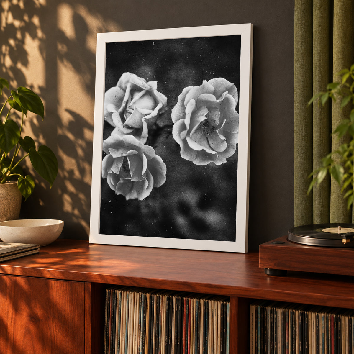 Duet Rose ︱ In Noir, 18×24 inch print shown in a styled room mockup. Two light roses blooming against a dark background in black and white. Frame shown for styling; print sold unframed.
