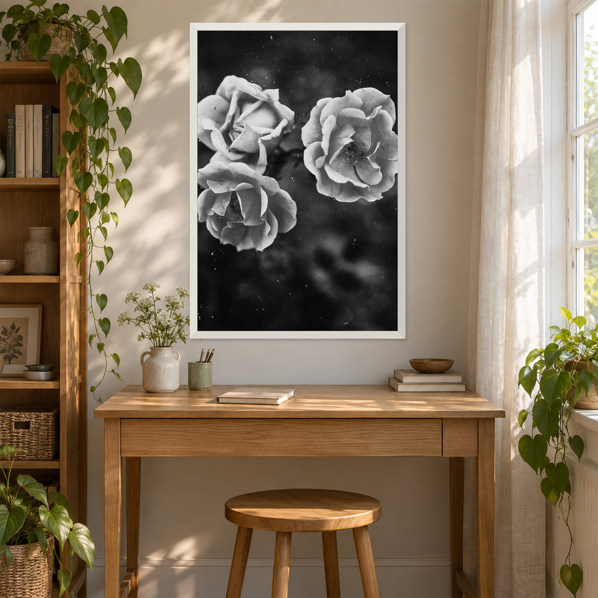 Duet Rose ︱ In Noir, 24×36 inch print shown in a styled room mockup. Two light roses blooming against a dark background in black and white. Frame shown for styling; print sold unframed.
