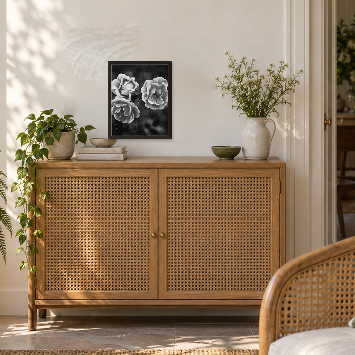 Duet Rose ︱ In Noir, 8×10 inch print shown in a styled room mockup. Two light roses blooming against a dark background in black and white. Frame shown for styling; print sold unframed.