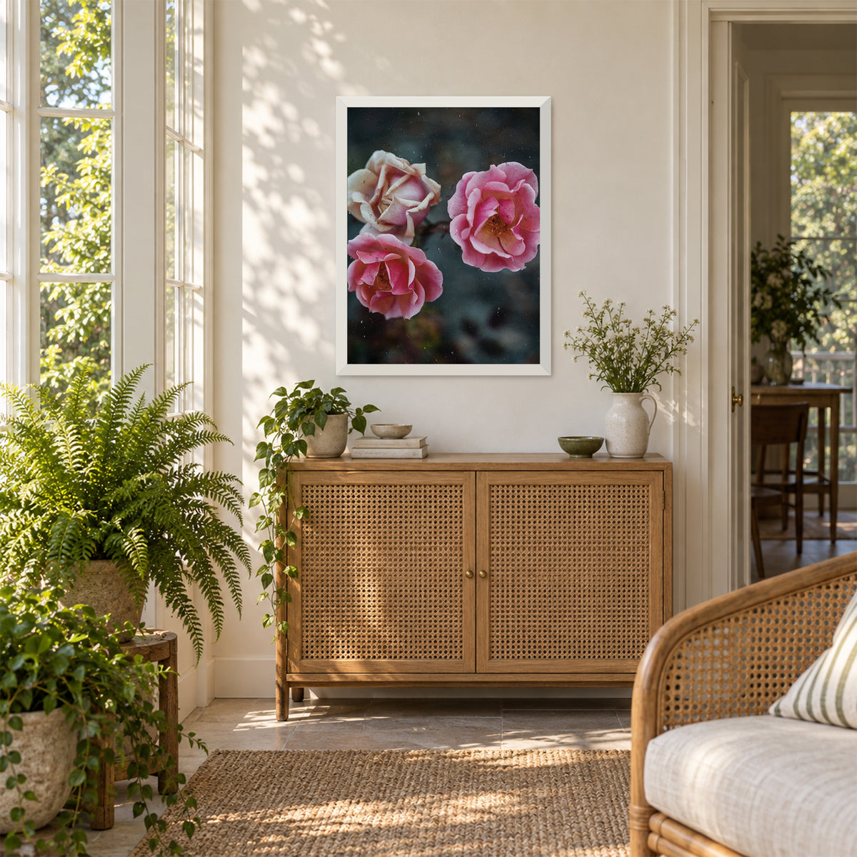 Duet Rose ︱ In Vibrant, 18×24 inch print shown in a styled room mockup. Two pink roses blooming beside a pale cream rose against a dark green background. Frame shown for styling; print sold unframed.