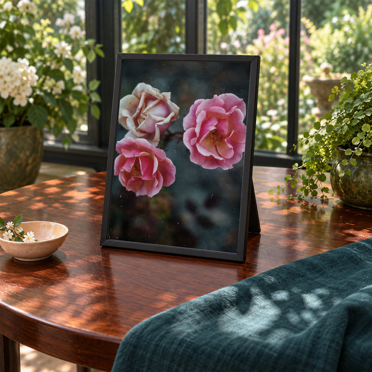 Duet Rose ︱ In Vibrant, 5×7 inch print shown in a styled room mockup. Two pink roses blooming beside a pale cream rose against a dark green background. Frame shown for styling; print sold unframed.