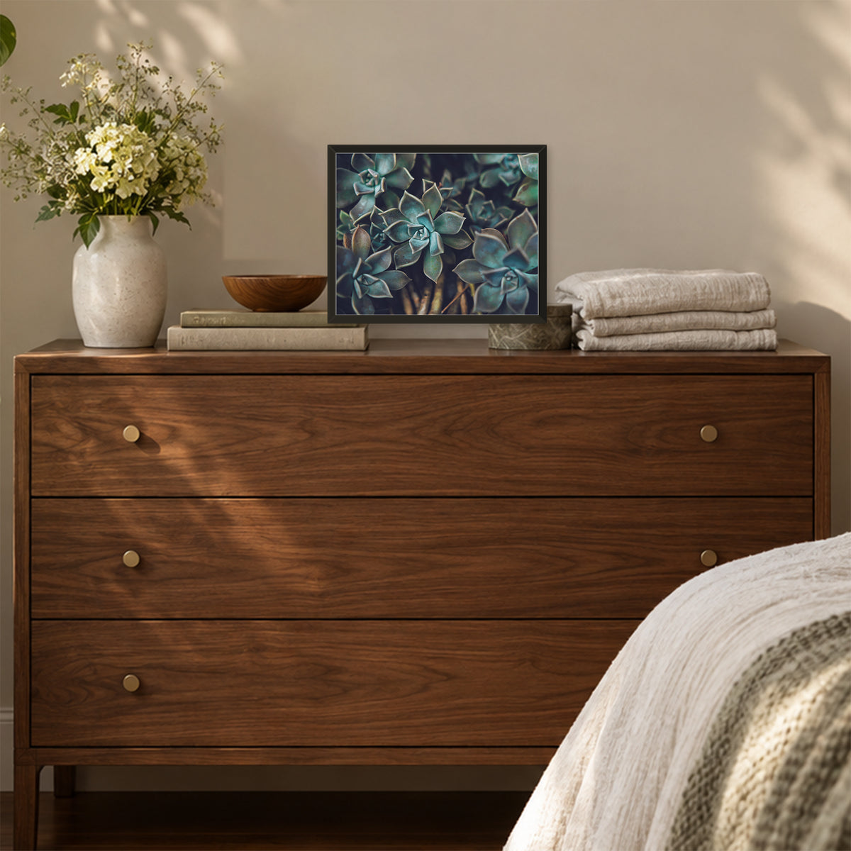 Ghost Plant Succulent I ︱ In Color, 10×8 inch print shown in a styled room mockup. Close view of layered green succulent rosettes with cool teal tones. Frame shown for styling; print sold unframed.