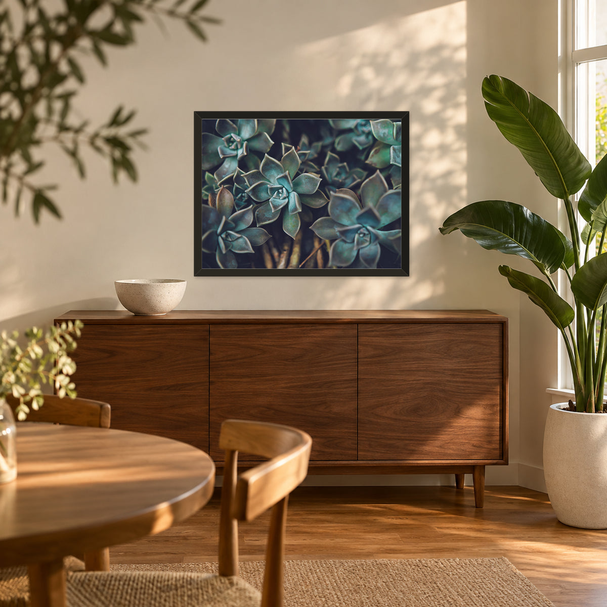 Ghost Plant Succulent I ︱ In Color, 24×18 inch print shown in a styled room mockup. Close view of layered green succulent rosettes with cool teal tones. Frame shown for styling; print sold unframed.