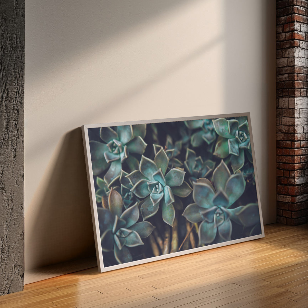 Ghost Plant Succulent I ︱ In Color, 36×24 inch print shown in a styled room mockup. Close view of layered green succulent rosettes with cool teal tones. Frame shown for styling; print sold unframed.