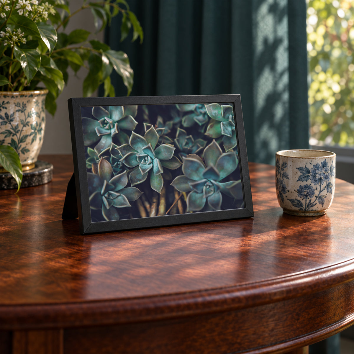 Ghost Plant Succulent I ︱ In Color, 7×5 inch print shown in a styled room mockup. Close view of layered green succulent rosettes with cool teal tones. Frame shown for styling; print sold unframed.