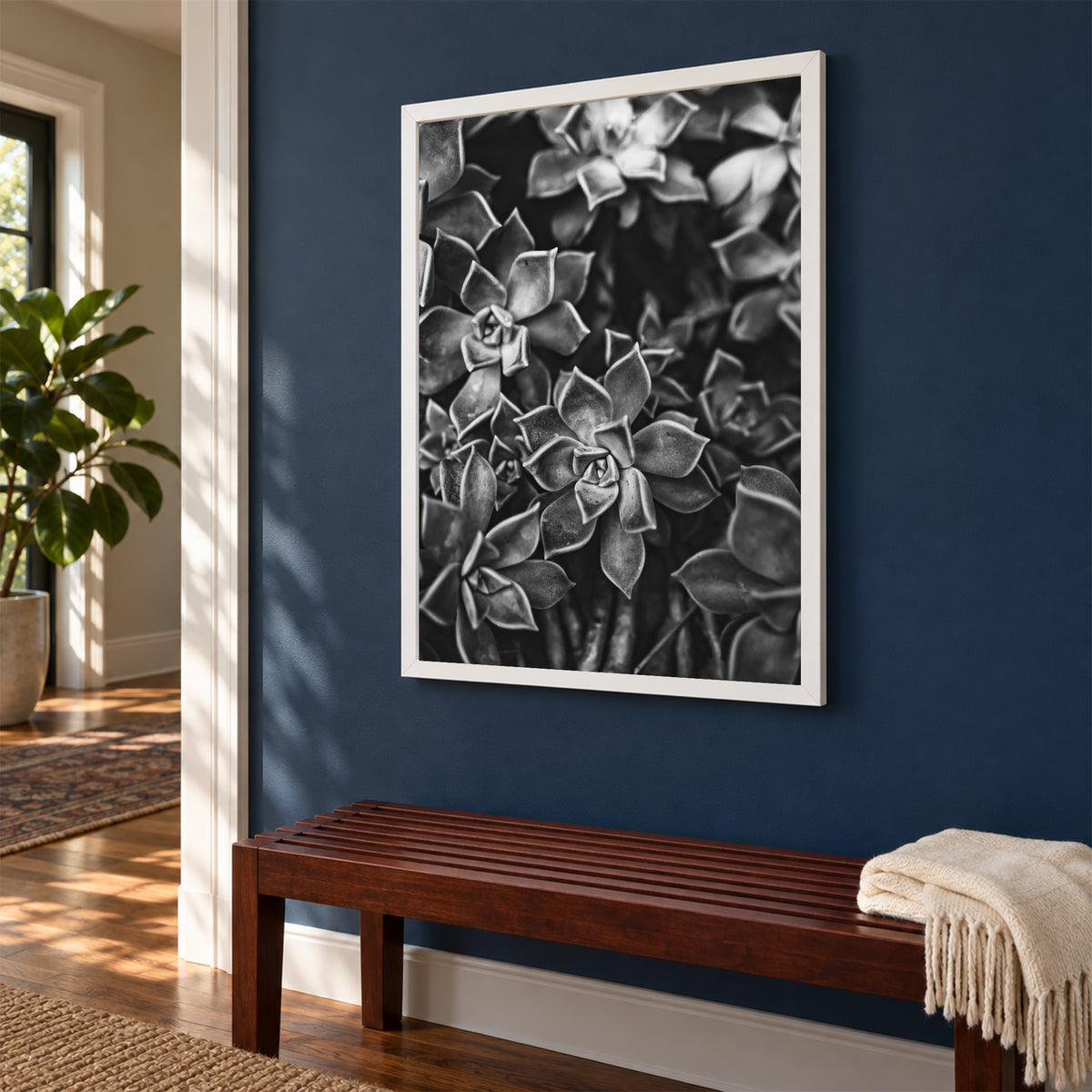 Ghost Plant Succulent I ︱ In Noir, 18×24 inch print shown in a styled room mockup. Dense cluster of succulent rosettes rendered in high-contrast black and white. Frame shown for styling; print sold unframed.