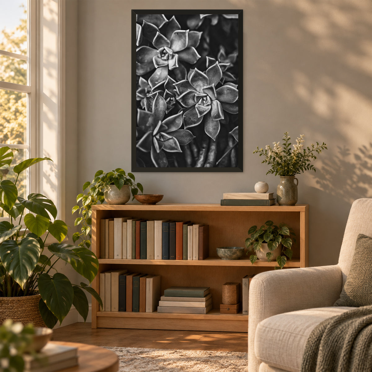 Ghost Plant Succulent II ︱ In Noir, 24×36 inch print shown in a styled room mockup. Black and white close-up of a ghost plant succulent arranged in a layered rosette. Frame shown for styling; print sold unframed.