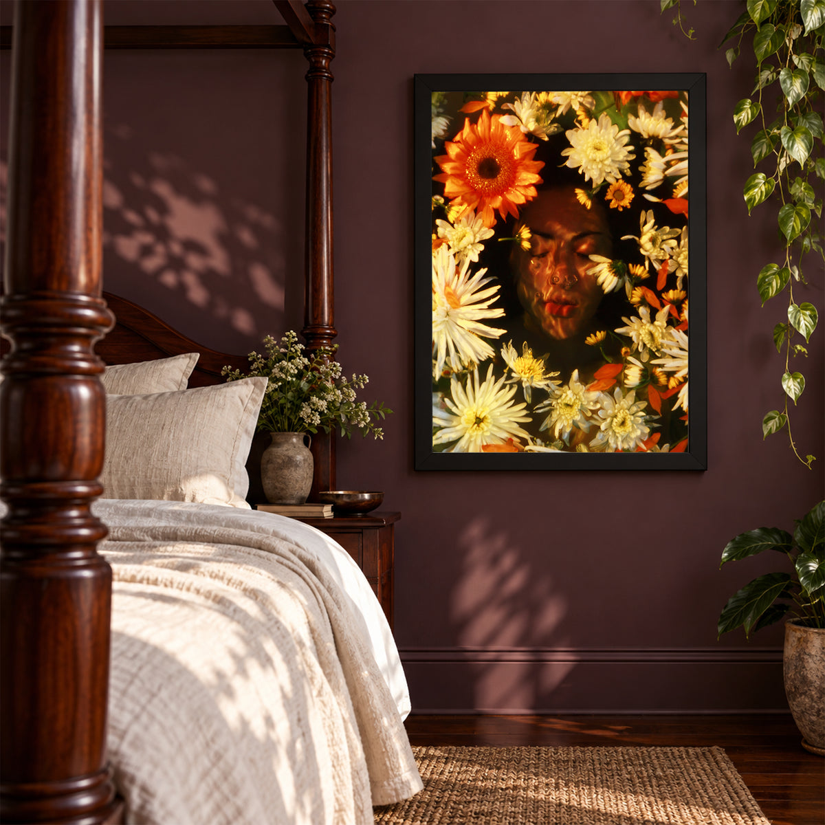 Ophelia's Dream, 18×24 inch print shown in a styled room mockup. Face framed by orange, cream, and yellow flowers in a warm-toned portrait. Frame shown for styling; print sold unframed.
