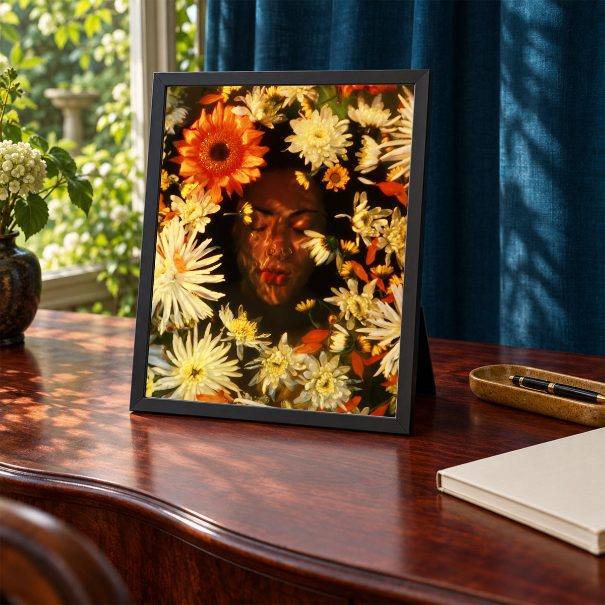 Ophelia's Dream, 8×10 inch print shown in a styled room mockup. Face framed by orange, cream, and yellow flowers in a warm-toned portrait. Frame shown for styling; print sold unframed.