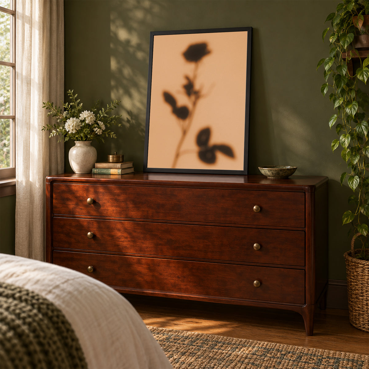 Shadow of Duet, 18×24 inch print shown in a styled room mockup. Soft shadow of a rose stem cast across a warm peach background. Frame shown for styling; print sold unframed.